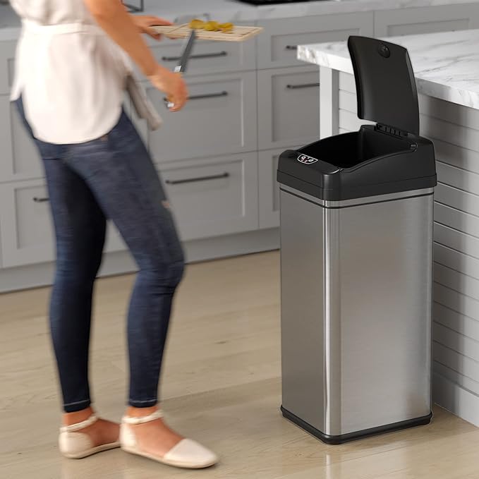 iTouchless 13 Gallon Kitchen Trash Can with Lid & Odor Filter – Motion Sensor Stainless Steel Garbage Bin for Home, Office, or Garage – Slim, Large Capacity Design