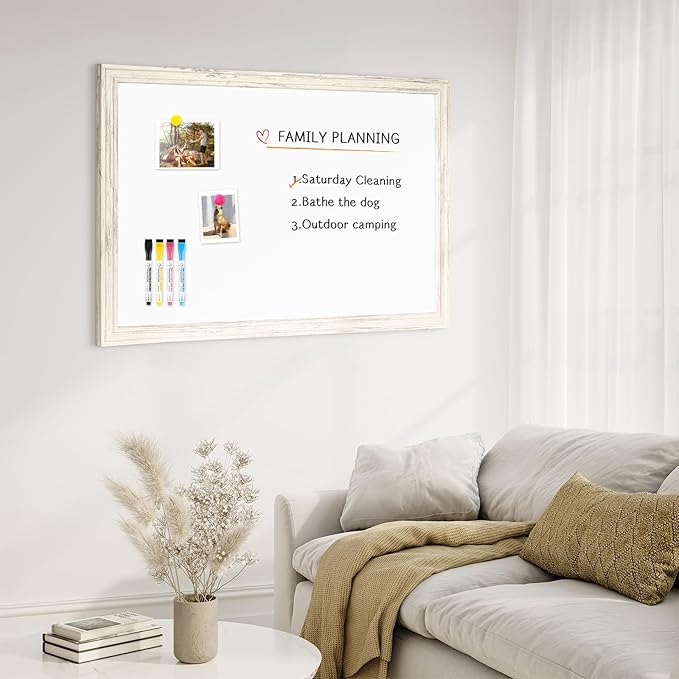 4 THOUGHT Dry Erase Board, 18 x 24 in Magnetic Whiteboard White Vintage Wood Frame Wall-Mounted White Board Decorative Notice Board for School, Office, Home, 6 Magnets 4 Markers 1 Eraser
