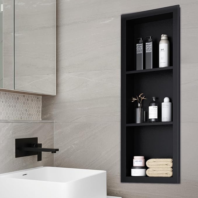 Stainless Steel Shower Niche 12" X 36"，3-Tier Recessed Wall Niche No Tile Needed Shower Shelf for Bathroom Storage (Black, 12 x 36)