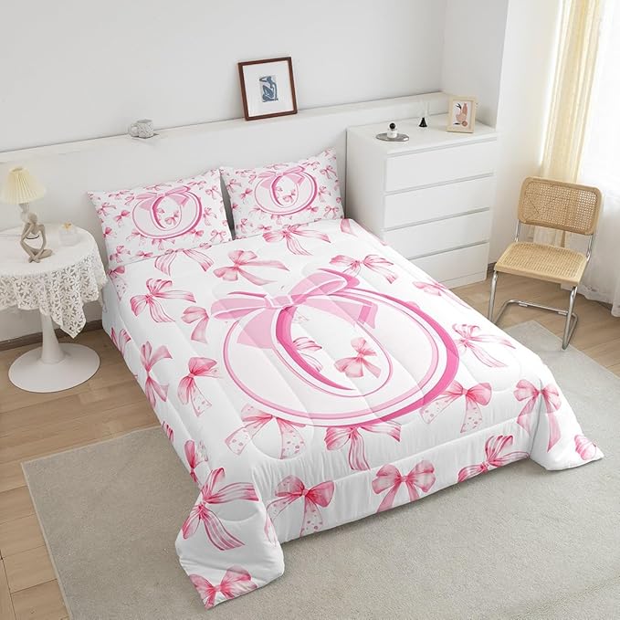 jejeloiu Kids Girls Cute Pink Bow Comforter Set Twin Size Monogrammed Bedding Set Ultra Soft Personalized Initial O Duvet Quilt Coquette Bow Knot Quilt Set Room Decor Modern Fashion Comforter