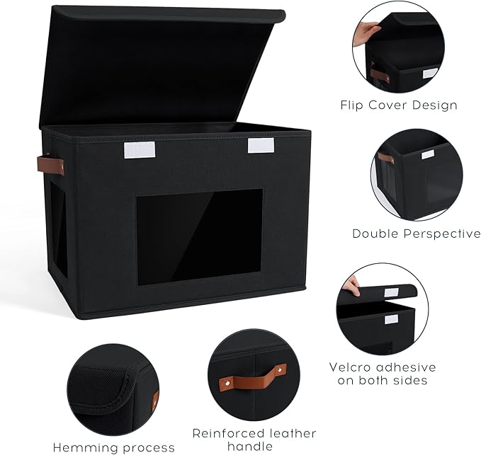 Storage Bins for Clothes, 40L Large Collapsible Stackable Closet Organizer Containers, Storage Boxes with Lids,Storage Cube Basket, Clear Windows & PU Leather Handles, Pack of 3, 17x12x12 Inch