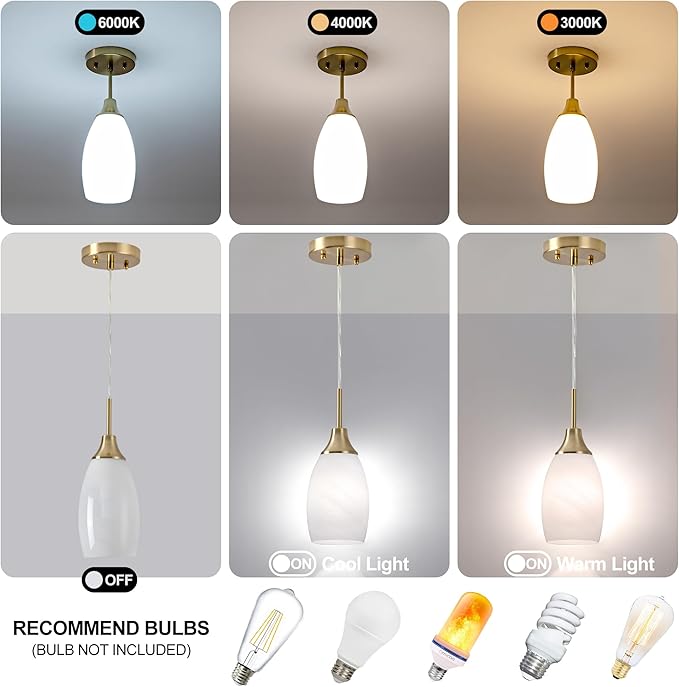 Mini Glass Pendant Light 3-Pack Handblown Art White Swirl Oval Glass Hanging Pendant Lamp 4.72" Glass Chandelier for Kitchen Island Dining Room Living Foyer Hallway Entry Brushed Gold Finish