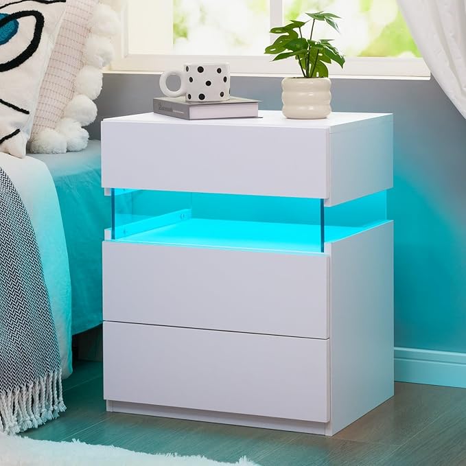 Bingoday LED Nightstands 3 Drawer Nightstand for Bedroom Bedside Tables with Acrylic Board LED End Table for Bedroom Living Room Bedside Furniture (White)
