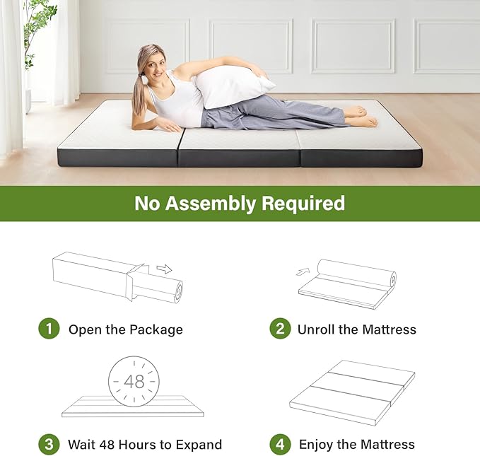 Folding Mattress 3in Twin Memory Foam Tri-Fold Futon with Washable Cover Foldable Floor Mat for Guest Bed, Camping, Yoga, RV Travel, White (Size: 38" L x 75" W x 3" Th)