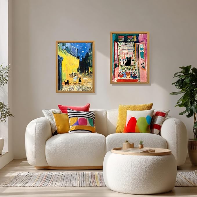 FASWQ Whimsical Black Cat Wall Art, Van Gogh Matisse Picasso Wall Decor, Funny Bathroom Canvas Paintings, Cute Animal Aesthetic Pictures for Living Room Kids' Room Wood Framed Ready to Hang 12"x16"x3