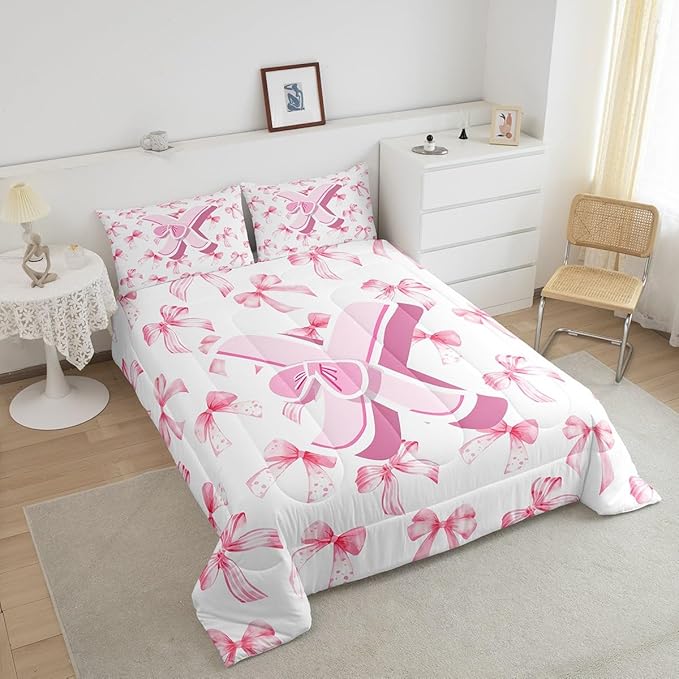 jejeloiu Kids Girls Cute Pink Bow Comforter Set King Size Monogrammed Bedding Set Ultra Soft Personalized Initial X Duvet Quilt Coquette Bow Knot Quilt Set Room Decor Modern Fashion Comforter