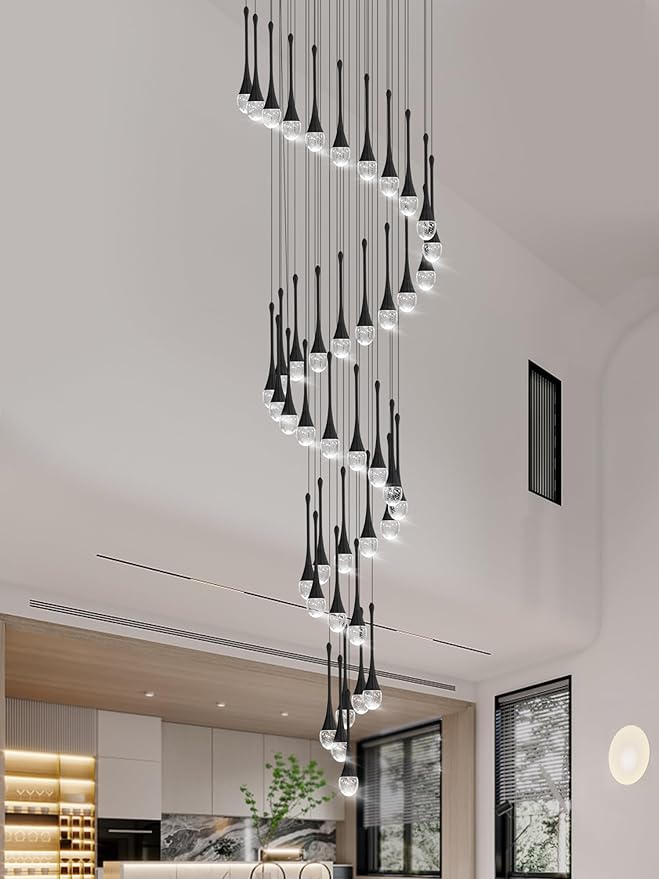 Staircase Chandelier 42-Lights Crystal Ceiling Lights Adjustable Length 197inches Large Chandeliers for High Ceilings, Entryway Lighting Fixture Black
