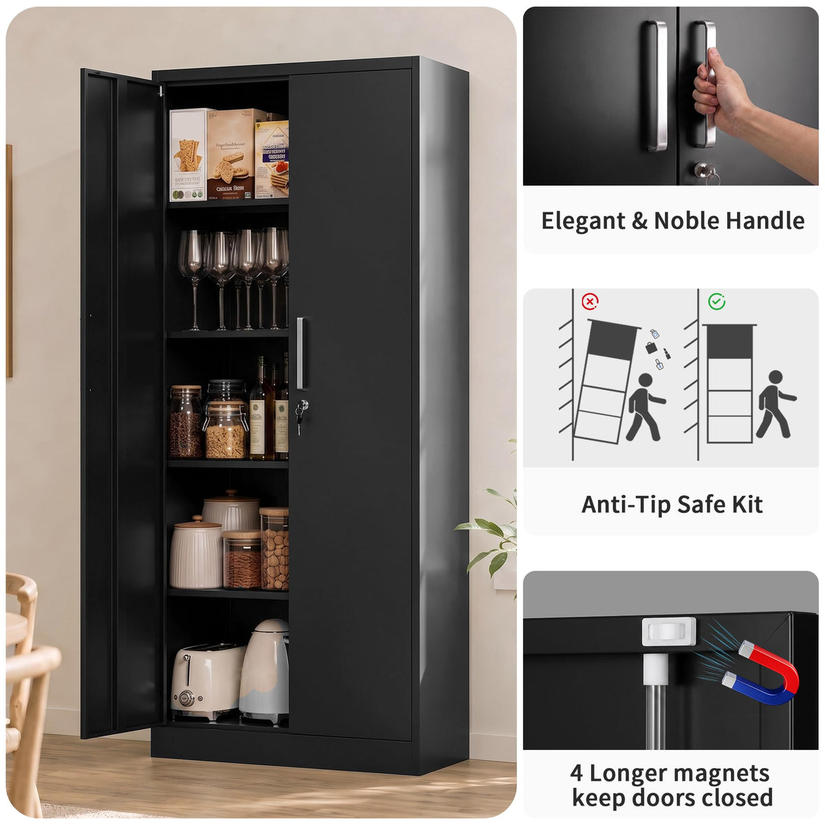 Tivostaral 71” Metal Kitchen Pantry Storage Cabinet with Adjustable Shelves