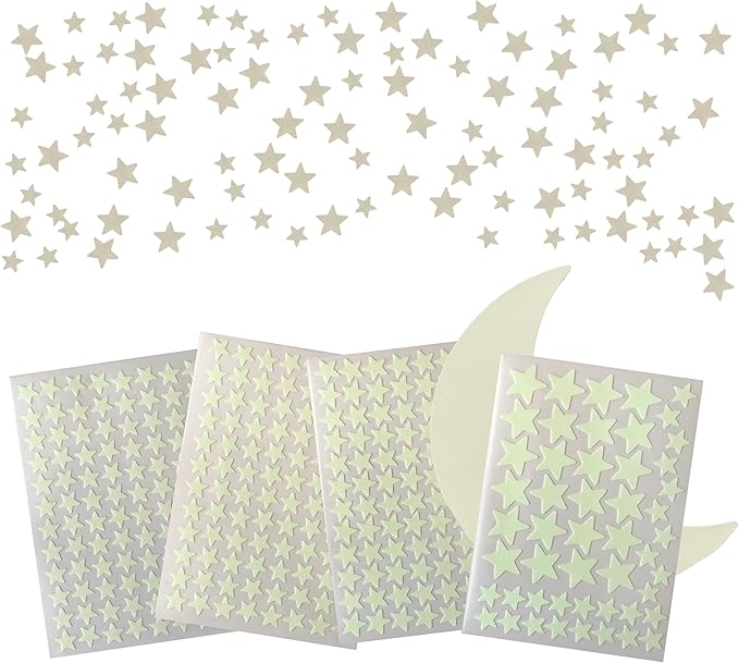 Glow in The Dark Stars and Moon, Realistic No Dots No Squares Set. Star Shaped Stickers and Moon, Luminous Adhesives for Room, Wall, Bedroom, Light up Your Ceiling and Living Room