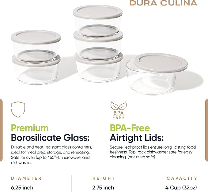 12-Piece Glass Food Storage Containers Set (6 Containers + 6 BPA-Free Lids) | 4-Cup, Leakproof | Microwave, Freezer, Oven & Dishwasher Safe | Ideal for Meal Prep & Pantry Organization