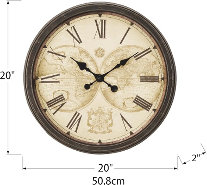 20 Inch Retro Farmhouse Wall Clock, Vintage Silent Non-Ticking, Battery Operated Decorative Clock for Living Room, Kitchen, Bedroom, Office and Home Decor,Brown Roman Number