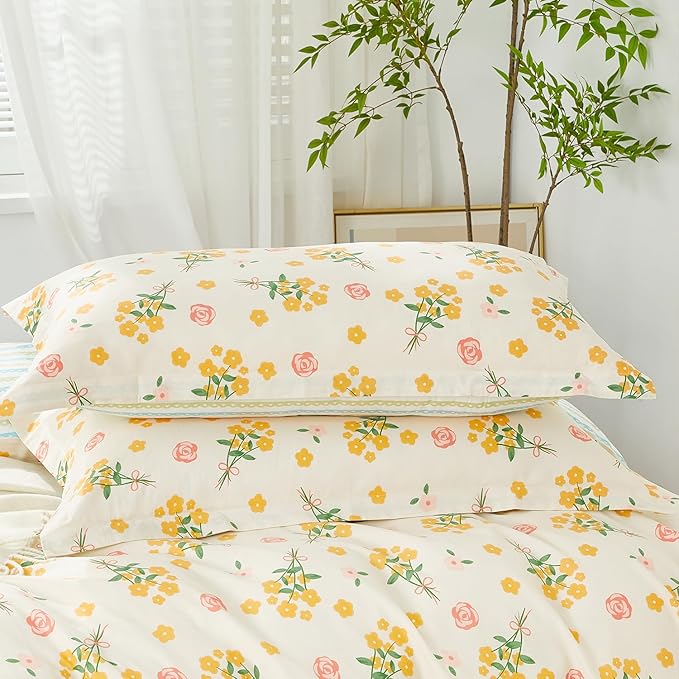 SAPHREAS Yellow Floral Duvet Cover Set Garden Style Botanical Bedding Comforter Cover Set 100% Cotton 1 Duvet Cover 68"x90" 1 Pillow Sham, Comforter Not Included