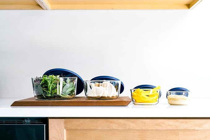 16-Piece Glass Food Storage Containers Set (8 Containers + 8 Lids) | Round, Nesting, Microwave & Dishwasher Safe | BPA-Free, Space-Saving | Blue Lids for Pantry & Kitchen Organization