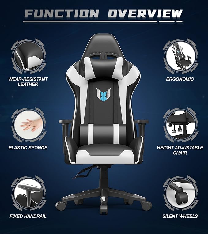 Gaming Chair with Footrest, High Back Ergonomic Computer Gamer Chair with Headrest and Lumbar Support, Racing Style Reclining Game Chair for Adults, Kids (White-Black)
