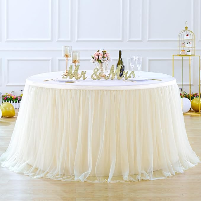Suppromo 9ft Champagne Tulle Table Skirts for Rectangle Tables or Round Tables Champagne Tutu Table Cloth Cover for Wedding Birthday Party Baby Shower Dessert Cake Table Decor