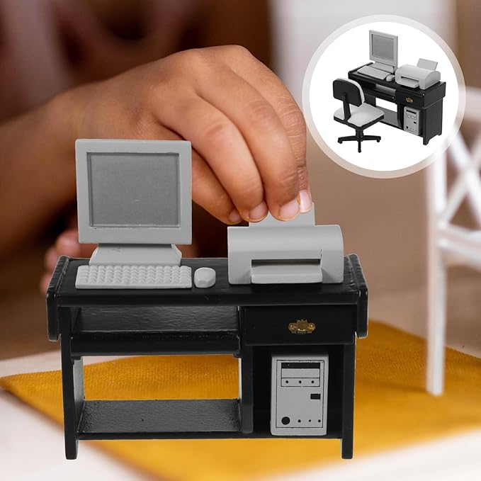 Toyvian Miniature Desk Office Furniture: 1 Set Dollhouse Mini Computer Desk and Tiny Chair Model Ornament for Crafts, Kids Doll House Decor