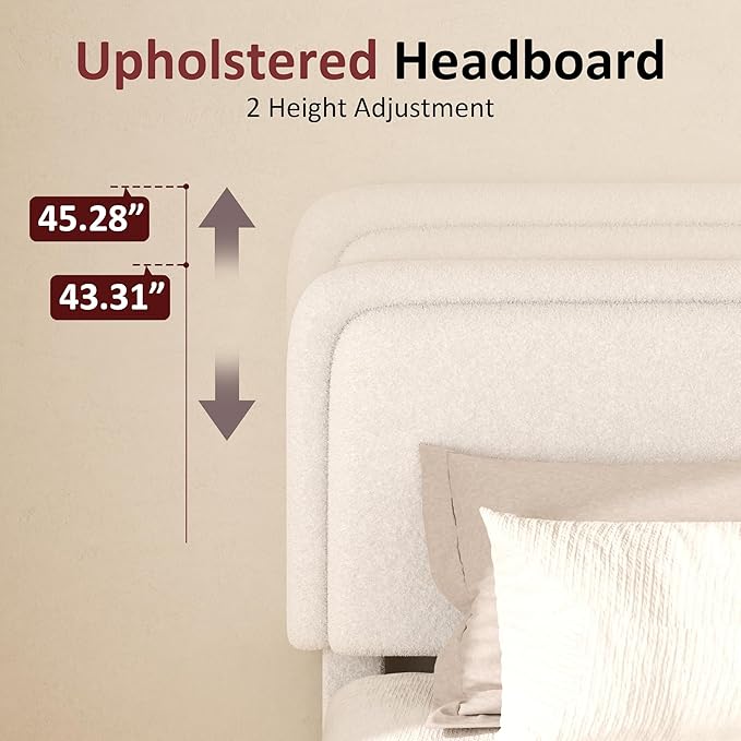Queen Boucle Platform Bed Frame with Height Adjustable Headboard, Modern Upholstered Cloud Bed, Sleek Curved Design, No Box Spring Needed, Easy Assembly, Noise Free, White