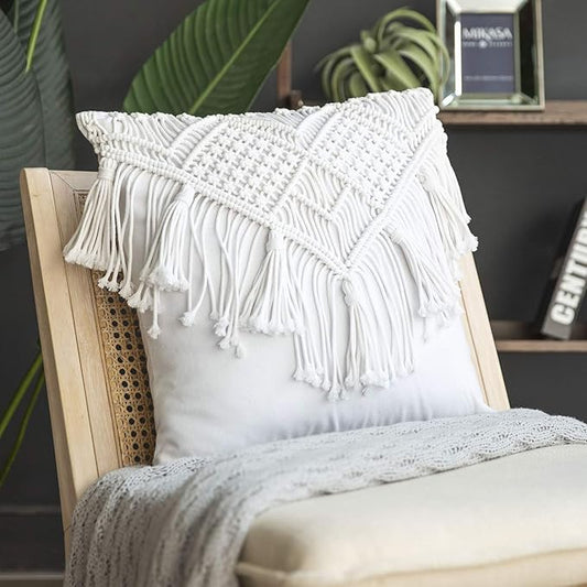 Phantoscope 100% Cotton Handmade Crochet Woven Boho Throw Pillow Farmhouse Pillow Insert Included Decorative Cushion for Couch Sofa White 18 x 18 inches