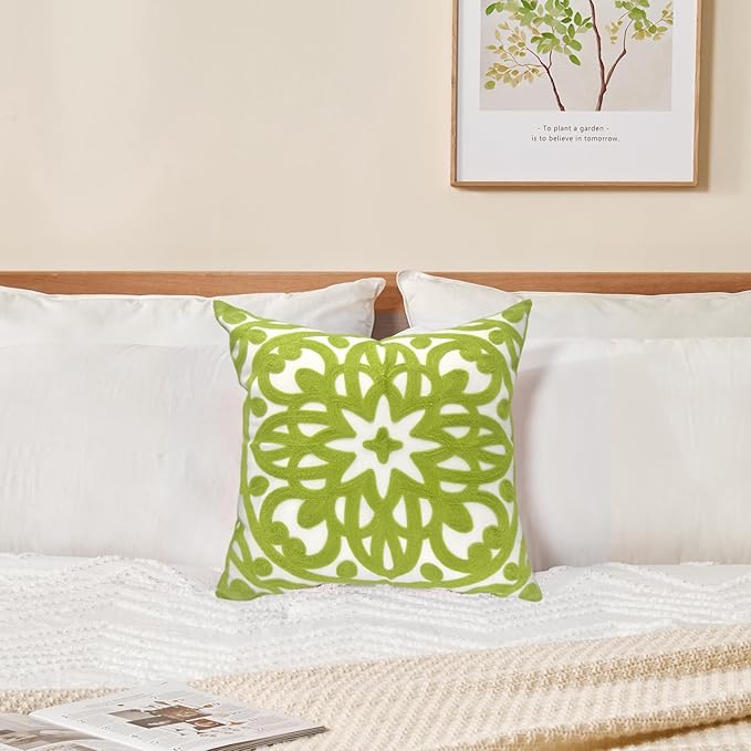 Alysheer Embroidered Summer Decorative Throw Pillow Covers 18"x18", Classic Boho Mandala Green Pattern Cotton Canvas Chic Accent Cushion Cases for Sofa Couch Bed Living Room Decor (Chartreuse Green)