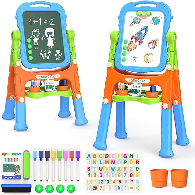 YOHOOLYO Kids Easel Standing Art Easel for Kids, Double Sided Children Pink Purple Easel Magnetic Chalkboard Whiteboard Dry Eraser Board Great Gift for Girls (Blue)