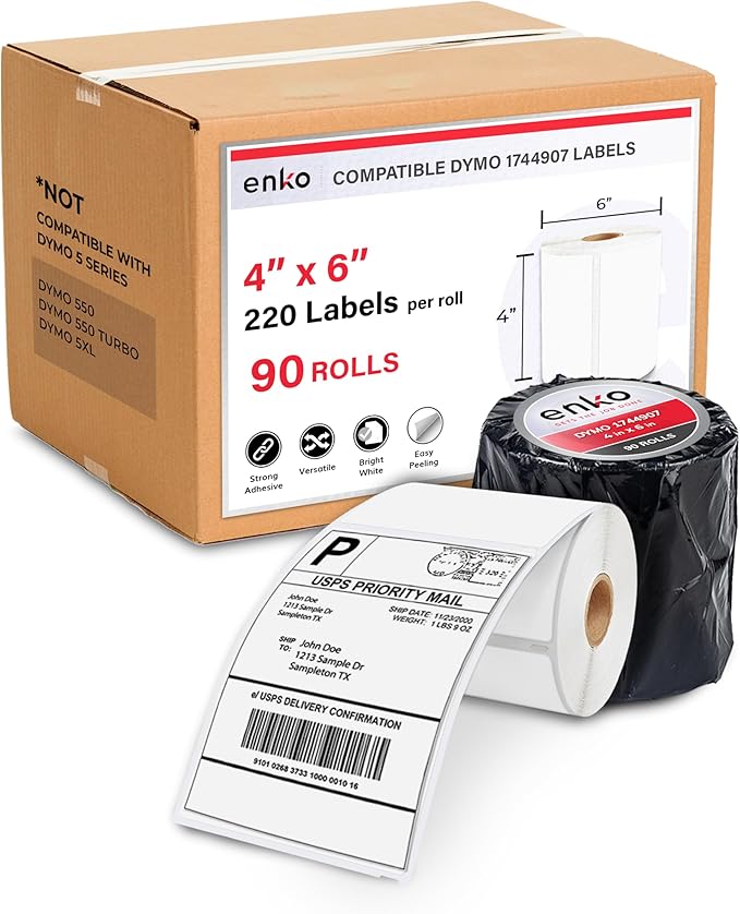 enKo Dymo 4XL Labels 4 x 6 1744907 Compatible for Dymo Labelwriter 4XL Shipping Label Thermal Printer (90 Rolls, 19,800 Labels)
