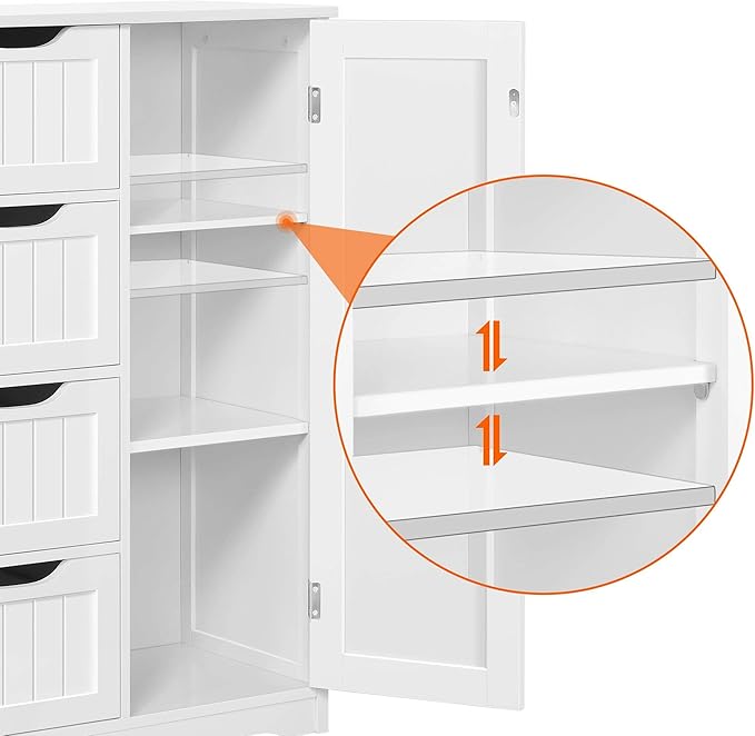 Yaheetech Wooden Floor Cabinet, Side Storage Organizer with 4 Drawers and 1 Cupboard, Freestanding Entryway Storage Unit Console Table, Bathroom Furniture Home Decor, White