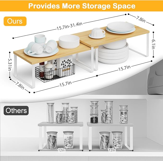 Cabinet Shelf Organizers, 15.7 inches Large Kitchen Counter Shelf, Set of 4 Wood Kitchen Pantry Organizer, Storage Shelves for Countertop, Spice Rack, Stackable, Expandable, Metal White, Nature