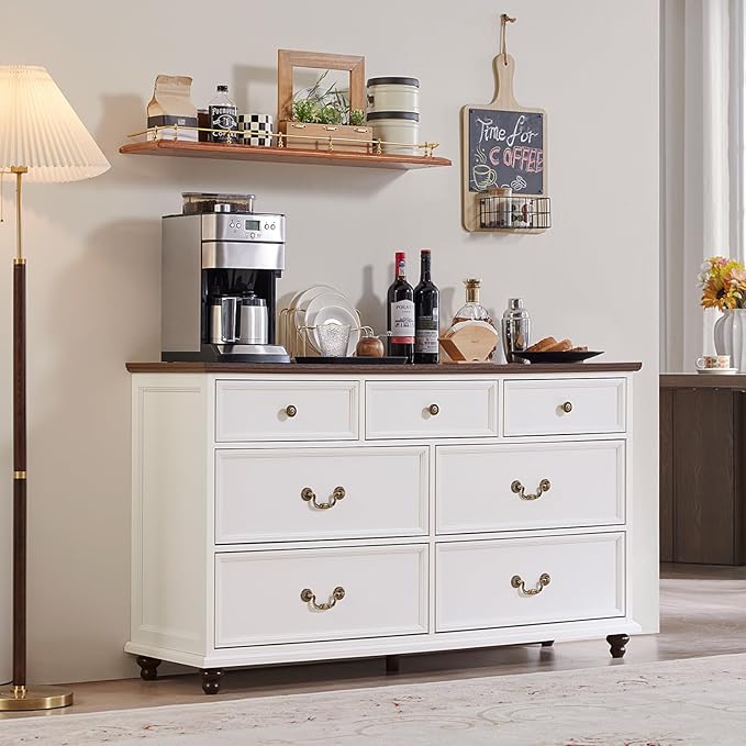 Farmhouse 7 Drawers Dresser Sets of 2 for Bedroom, White 54 Inch Wide Chest of Drawers w/ 4 Wooden Legs, Large Vintage Rustic Closet Dressers for Living Room, Wood TV Stand