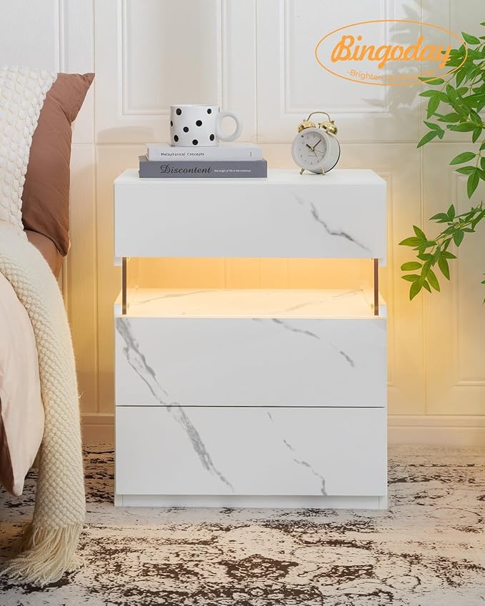 Bingoday Nightstand with LED Lights LED Bedside Tables LED Nightstand for Bedroom Modern Night Stand with 3 Drawers