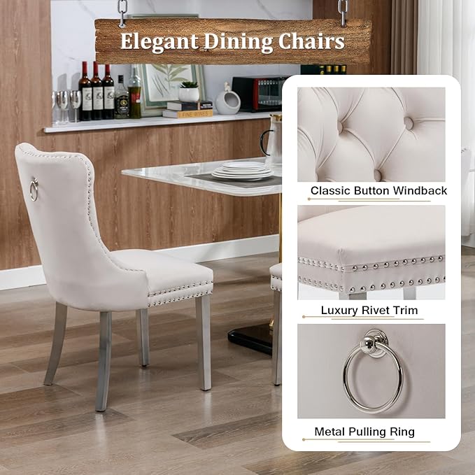 Goujxcy 70" Marble Dining Table Set for 6, Modern 7 Piece Dining Room Table Set with White Faux Marble Dining Table & 6 Beige Velvet Upholstered Chairs, Luxury Silver Kitchen Table Chairs Set of 6