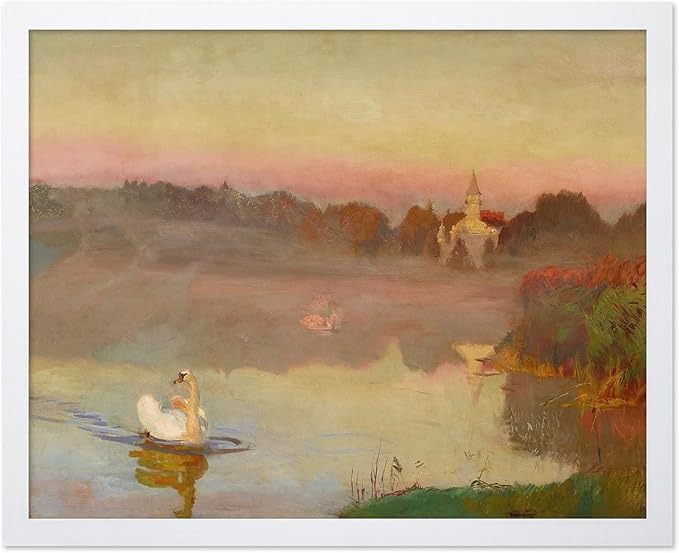 Poster Master Vintage Pond in Radziejowice Poster - Retro Swan Print - Lake Art - Landscape Art - Farmhouse Art - Animal Lover Art - Aesthetic Living Room or Office Decor, 11x14 White Framed