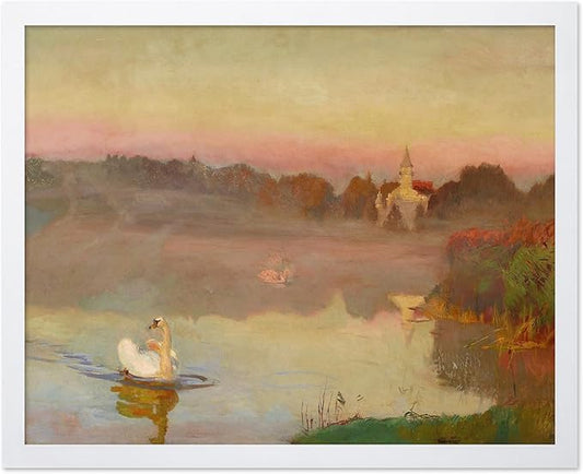 Poster Master Vintage Pond in Radziejowice Poster - Retro Swan Print - Lake Art - Landscape Art - Farmhouse Art - Animal Lover Art - Aesthetic Living Room or Office Decor, 11x14 White Framed