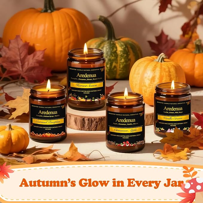 Fall Candle Set | 4 Pack Autumn Scented Candles for Home - Candle Fall Gifts for Women Men, Soy Candles for Home Scented - Autumn Scent of - Pumpkin/Cinnamon Apple/Harvest/Vanilla Cream