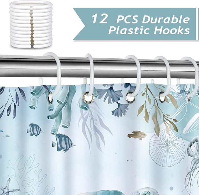 Bonhause Sea Turtle Shower Curtain for Bathroom Teal Blue Ocean Beach Coastal Decorative Bath Curtain 72 x 78 Inch Polyester Fabric Waterproof Bathroom Curtain with 12 Hooks