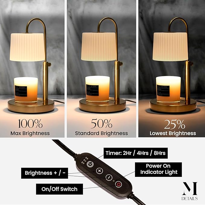 Dimmable Glass Candle Warmer Lamp with Timer - Adjustable Height Candle Lamp Warmer with Timer (8H/4H/2H) - Wax Melter - Ideal Gift, fits Various Size Scented Candles - 02 Bulb - (Gold Metal)