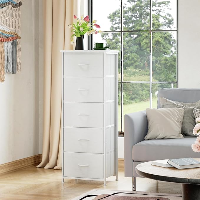 Somdot Tall Dresser for Bedroom with 5 Drawers, Storage Organizer Chest of Drawers with Removable Fabric Bins for Closet Bedside Nursery Laundry Living Room Entryway Hallway, White Leather