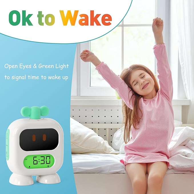 Kids Alarm Clock Ok to Wake with Green Light Red Light, Nap Timer, Robot Toddler Sleep Training Clock for Children (Yellow)