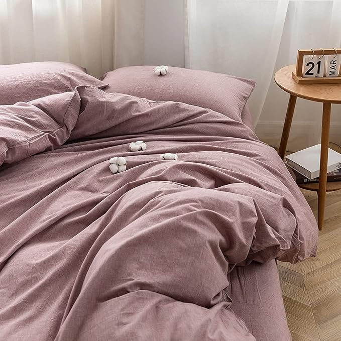 Face Two Face Bedding Duvet Cover Set100% Washed Cotton Duvet Cover Linen Like Textured Breathable Durable Soft Comfy(Full, Purple Bean Paste)
