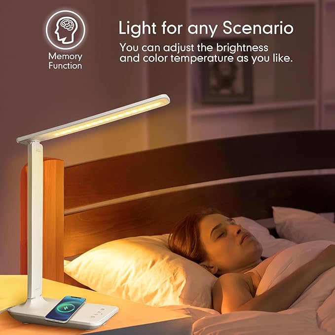 karidi LED Desk Lamp with Wireless Charger, Dimmable Table Lamp Reading Lamp with USB Charging Port, 5 Lighting Modes, Sensitive Control, Foldable Portable Desk Light for Home Office Bedroom Reading
