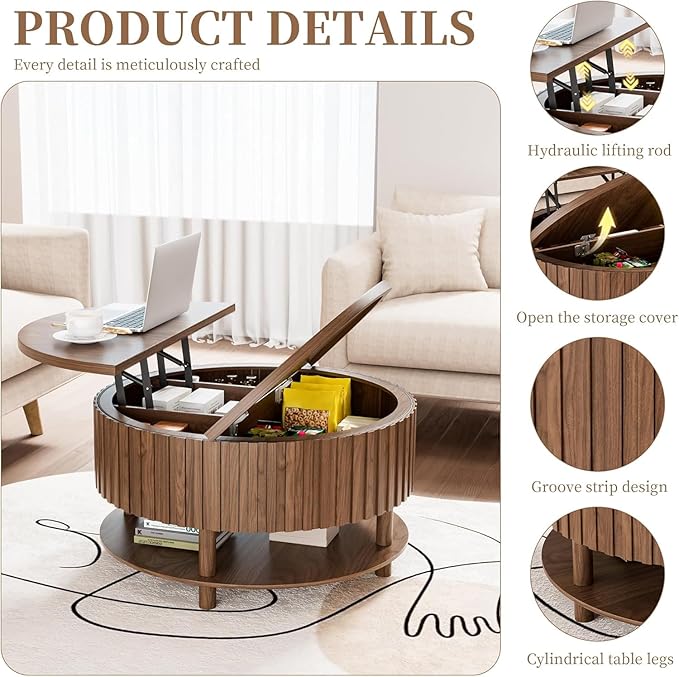 Round Lift Top Coffee Table with Storage, 31.5'' Modern 2-Tier Coffee Table with Hidden Storage Compartment and Open Shelf, Fluted Center Table for Living Room Home Office (Walnut)