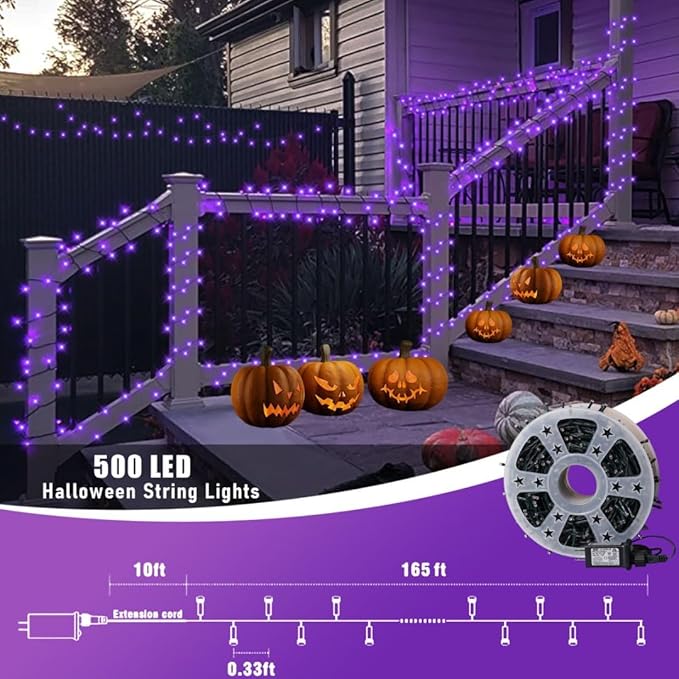 QITONG 165ft 500 LED Purple String Lights, Halloween Lights Outdoor Waterproof with 8 Modes, Green Wire Christmas Twinkle Lights Plug in Indoor