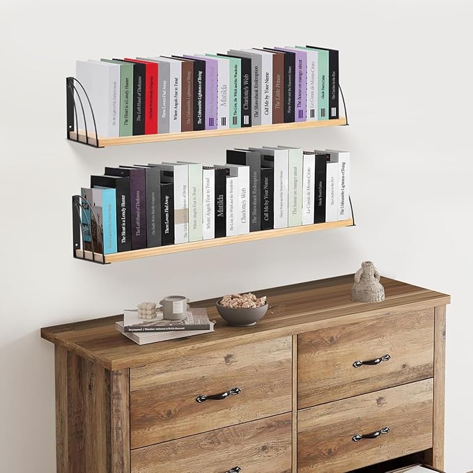Book Shelf for Wall,7.87" D x23.5 W Natural Wood Floating Shelf Set of 2,Wooden Shelves for Wall, Wall Mounted Bookshelf,Rustic Hanging Bookshelf for Wall,Office,Bedroom- No Stain-Natural Unfinished