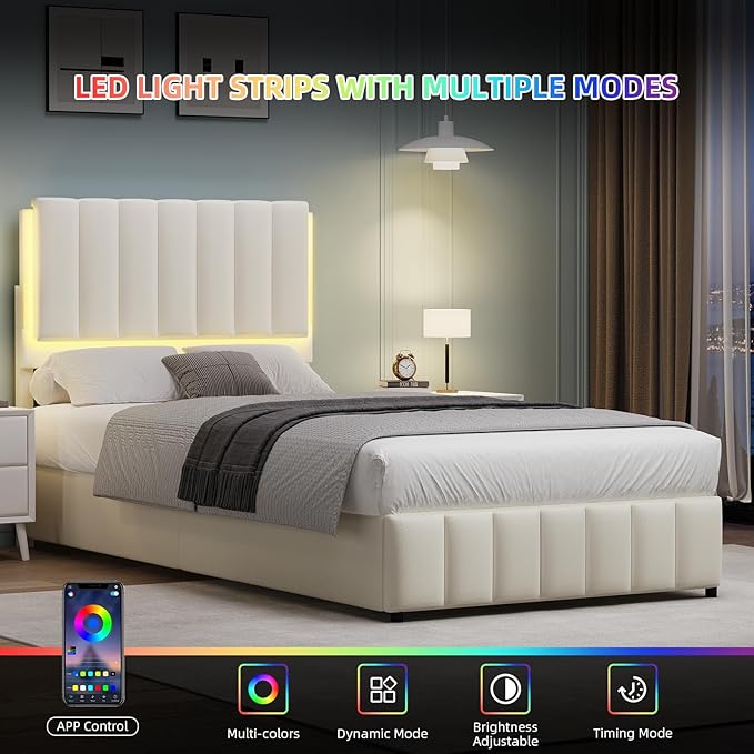 Twin Upholstered Bed Frame with LED Lights, Faux Leather Platform Bed with Headboard and Wooden Slats Support, No Box Spring Needed, Noise-Free, Easy Assembly, Cream