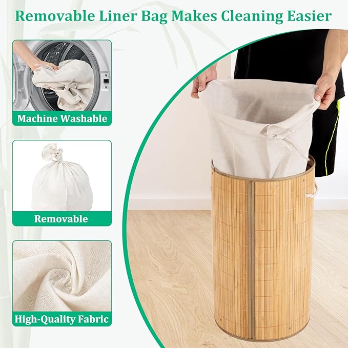 Laundry Hamper with Lid, Bamboo Laundry Basket with Handles & Removable Liner, 12.7 Gal (58L) Foldable Laundry Hamper for Laundry Room, Bedroom, Bathroom, Living Room (Round Brown)