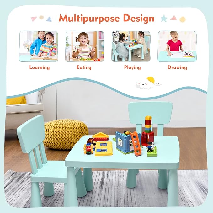 LDAILY Kids Table and Chairs, 3-Piece Children Arts Nursery Furniture for Drawing, Reading, and Painting, Light Weight Plastic Activity Kids Desk and Chair Set for Playroom, Kindergarten (Green)