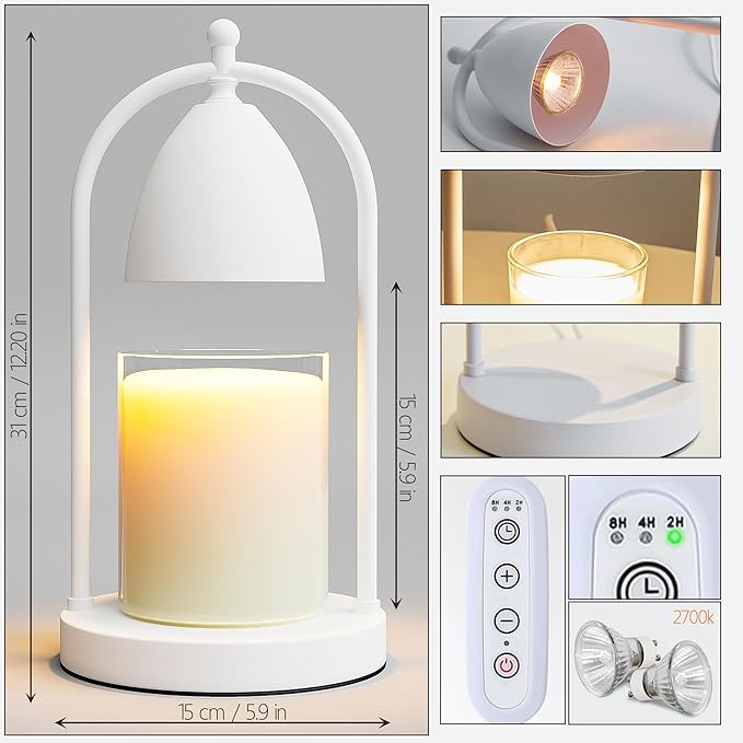 Candle Warmer Lamp with Timer, Electric Candle Warmer Lamp for Jar Candles, Candle Lamp Warmer with 2 Halogen Bulbs (White)