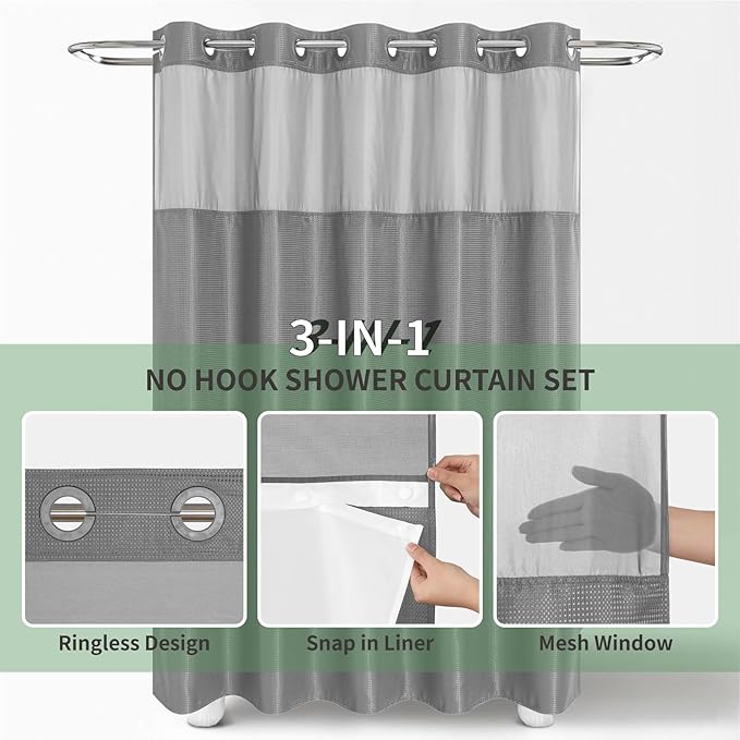 Long No Hook Shower Curtain with Snap-in Fabric Liner Set,Grey Waffle Weave Shower Curtains for Bathroom,Hotel Luxury Decor Bathroom Curtain Set,Waterproof & Washable,71Wx80H