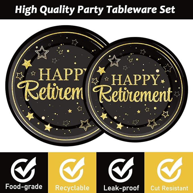 96 Pcs Retirement Party Plates Napkins Tableware Set Happy Retirement Supplies Black and Golden Disposable Dinnerware Retired Party Decoration Favors for Women Men, 24 Guests