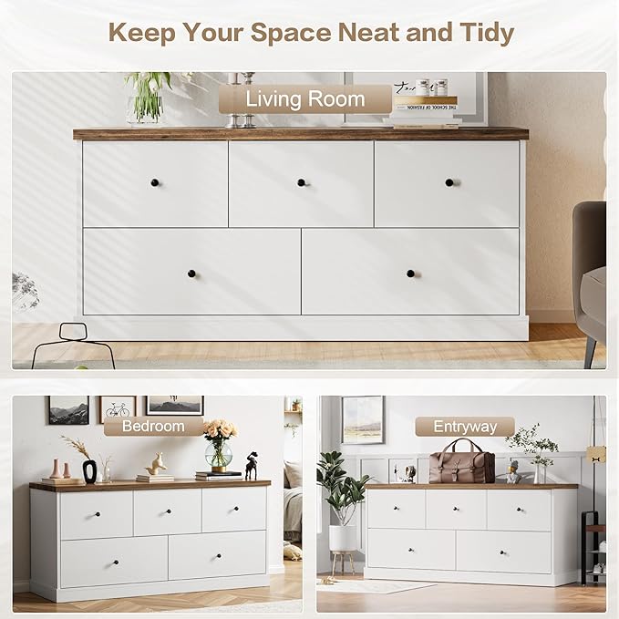 JUMMICO Dresser for Bedroom, Wide Chest of Drawers with 5 Wood Dresser Drawers, TV Stand, Modern Design for Bedroom, Living Room, Hallway, and Entryway (Light White)