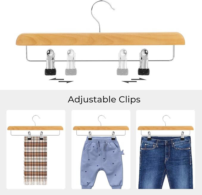 SONGMICS Wooden Pants Hangers 8 Pack, Pants Hangers with Adjustable Anti-Rust Metal Clips, 360° Swivel Hook, Skirt Hangers for Pant, Skirts, Natural Grain UCRW008-8